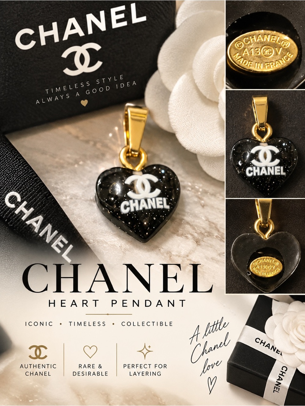 CHANEL Black Speckled Heart Pendant with Gold Bail